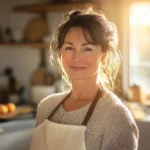 about Lisa Cook This Today: Lisa smiling in her cozy kitchen, wearing an apron during golden hour