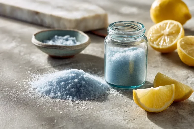 Close-up of blue salt water jar and ingredients on a modern kitchen counter