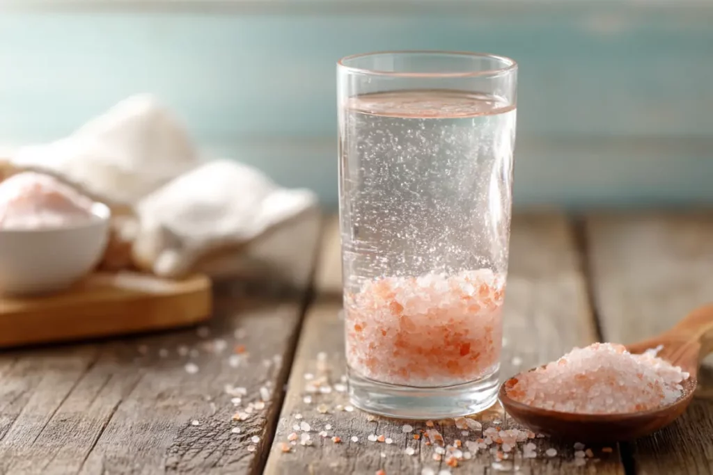 pink salt recipe with baking soda in a glass on rustic table