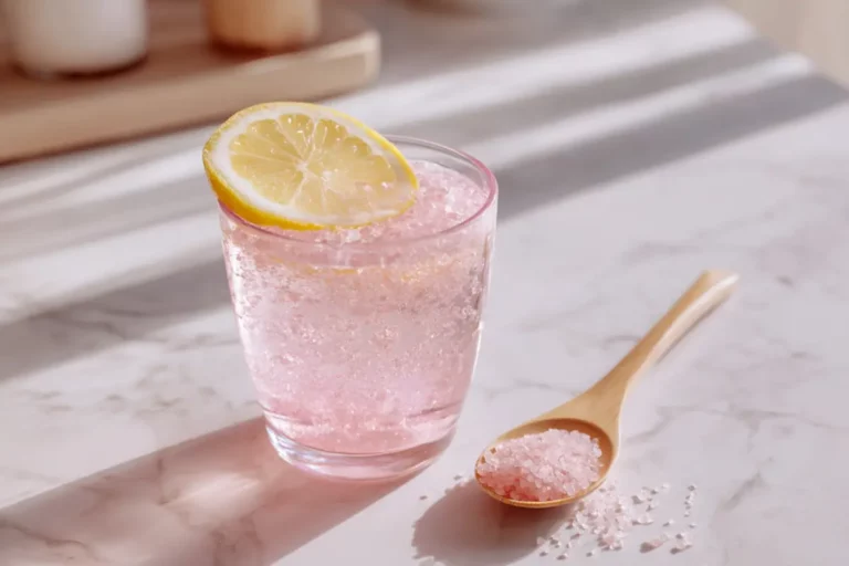 Glass of the Pink Salt Trick Recipe on marble countertop with lemon wedge