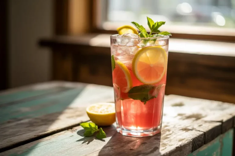 Close-up of a glass of Watermelon Mint Lemonade with mint and lemon slices