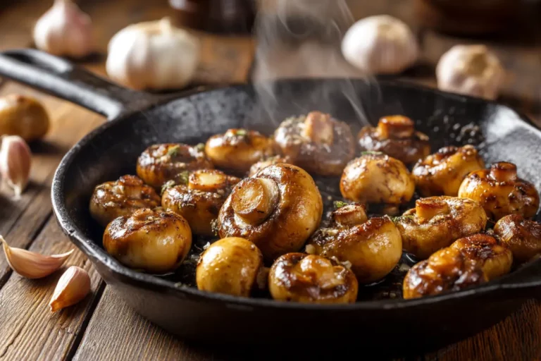 Garlic mushrooms sizzling in a cast iron pan