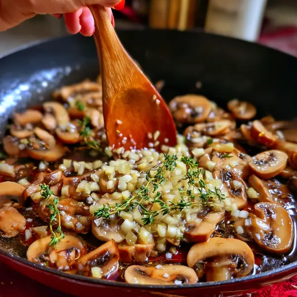 Stirring garlic and thyme into mushrooms