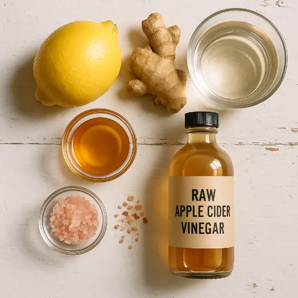 Flat lay of ingredients for homemade mounjaro recipe including lemon, ginger, and pink salt.