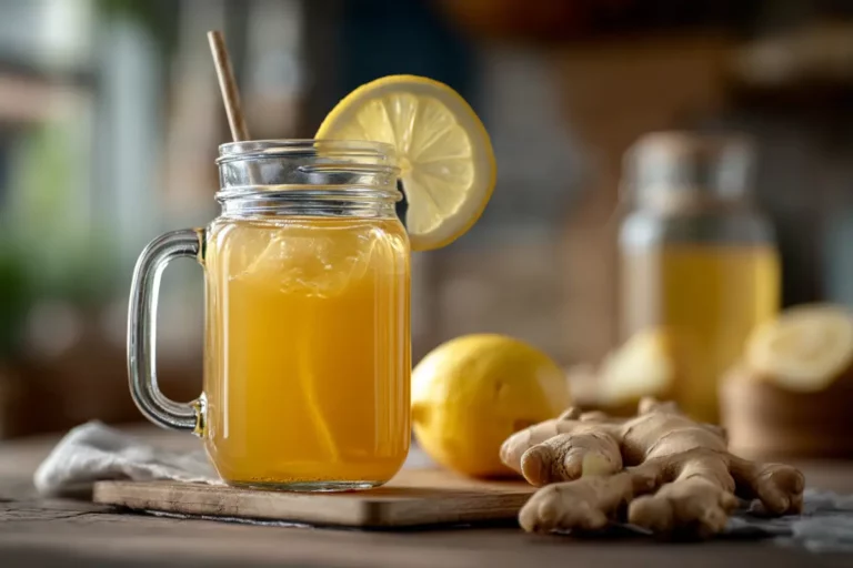 Close-up of a glowing homemade Mounjaro drink in a jar with lemon and ginger on a kitchen counter.