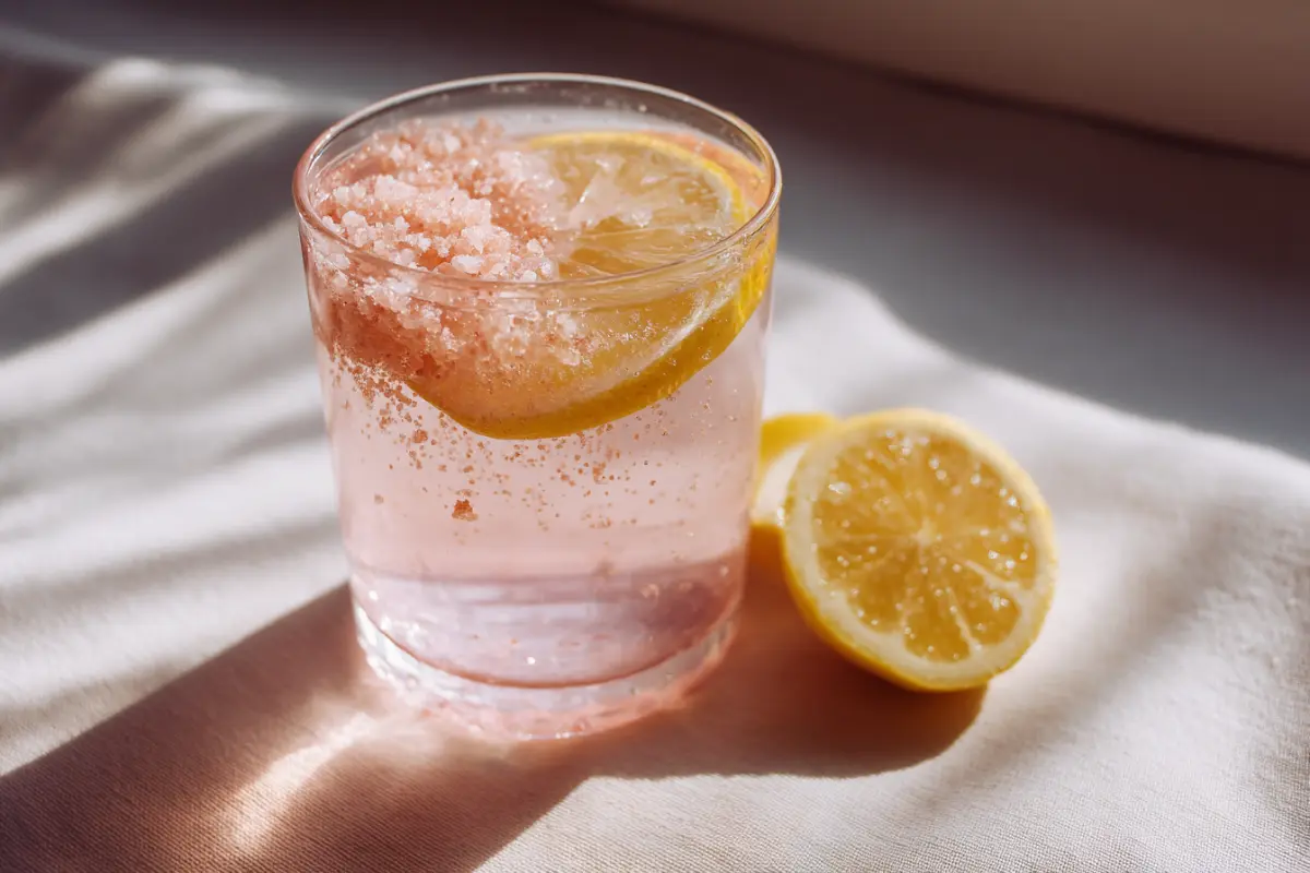 A refreshing detox drink made with pink Himalayan salt and lemon in a bright kitchen