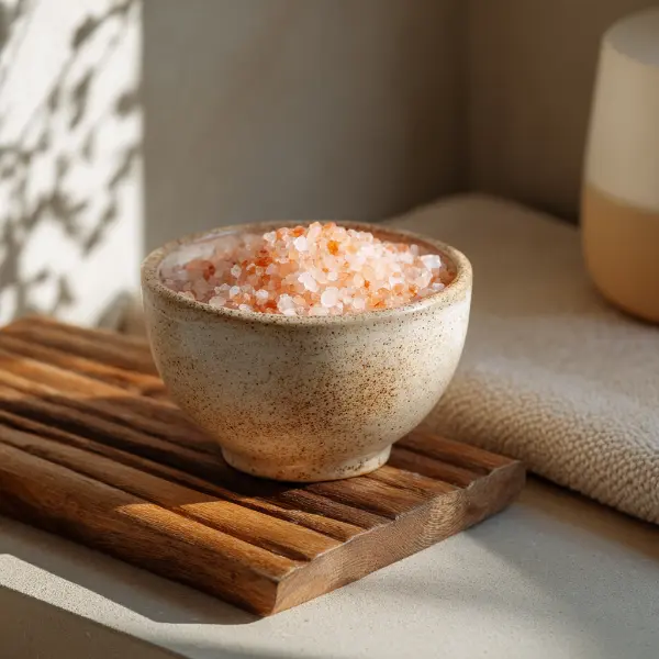 Pink Himalayan salt and Japanese sea salt in small ceramic bowls on a modern kitchen counter.