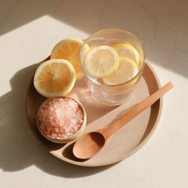 Flatlay of japanese pink salt recipe ingredients on a modern Japanese kitchen counter.