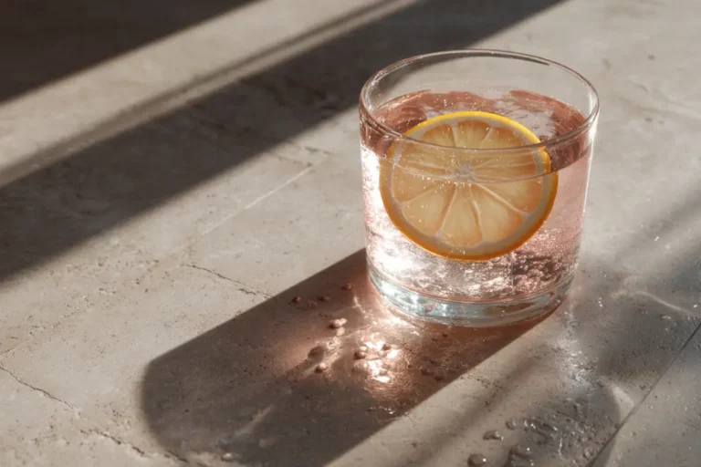 Glass of Japanese pink salt recipe with lemon, baking soda, and apple cider vinegar on white marble background — simple and clean detox drink.