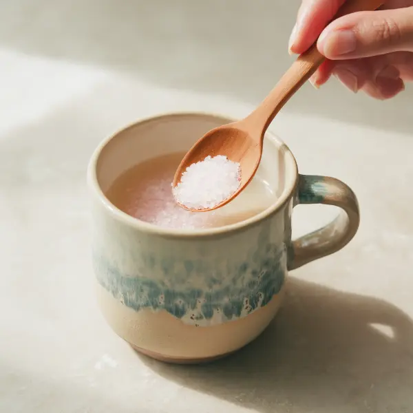A ceramic cup of salt water being gently stirred with a wooden spoon.