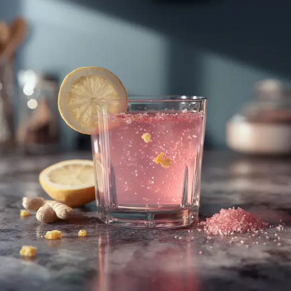 Japanese pink salt recipe served with lemon and ginger garnish in a clear glass.