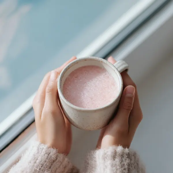 Sipping warm pink salt water slowly by a sunlit window.