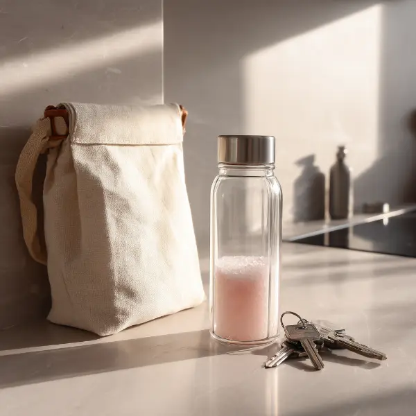 A glass thermos of pink salt water packed and ready to go on a busy morning.