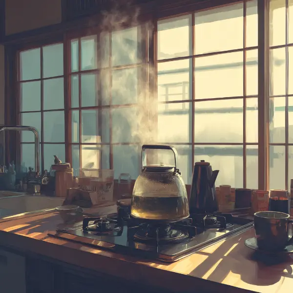 Warming water gently in a glass kettle in a minimalist Japanese kitchen.