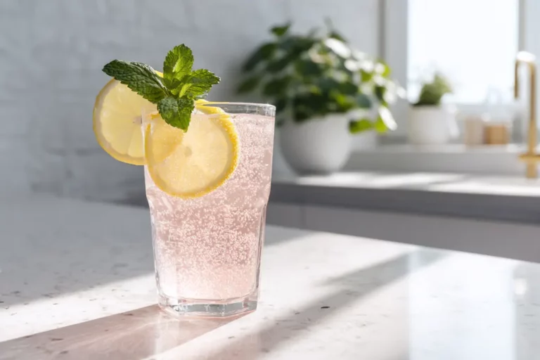 A glass of lemon and pink salt detox water on a white countertop