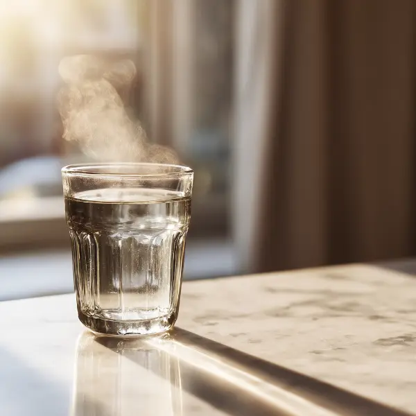 Steam rising gently from a glass of warm water on a clean counter