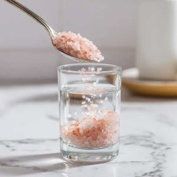 A white ceramic spoon pouring pink salt into warm water