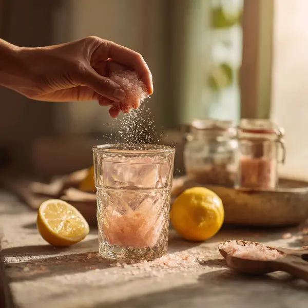 Adding pink salt and lemon juice to warm water for the Pink Salt Trick Recipe