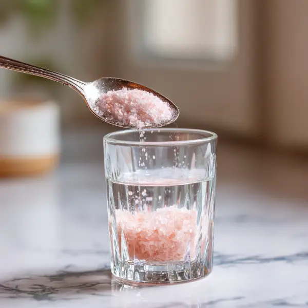 spoon of baking soda added to pink salt water