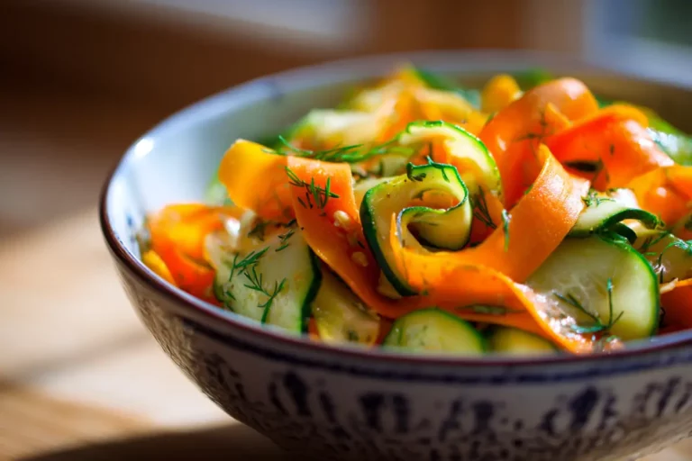 close-up of carrot ribbon salad in a summer ceramic bowl