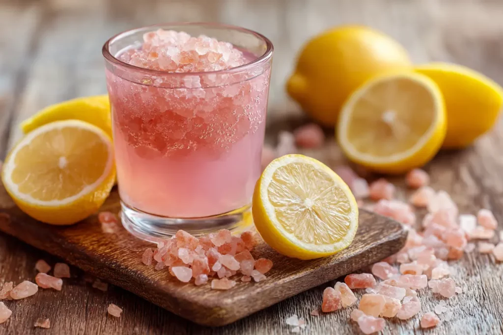 Pink salt and lemon belly fat drink served in a glass on wooden table