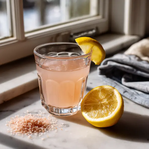final glass of pink salt vinegar baking soda lemon drink with lemon and salt