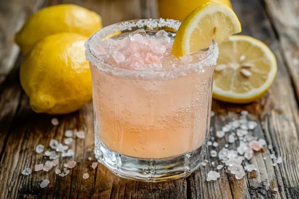 close-up of pink salt vinegar baking soda lemon drink in a rustic glass