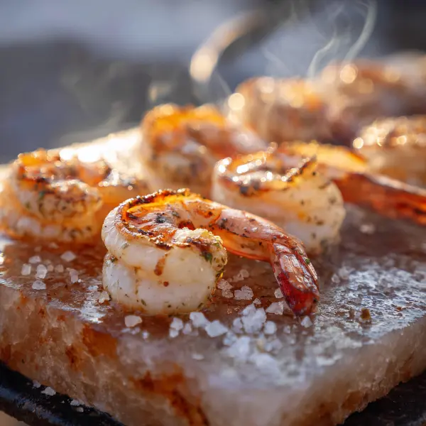 Shrimp sizzling on Himalayan salt slab