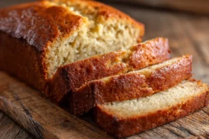 3 ingredient banana bread sliced on wooden table