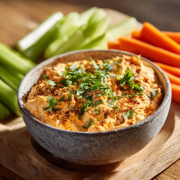cold cottage cheese buffalo chicken dip served with veggies