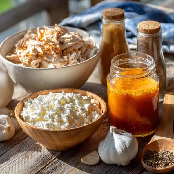 ingredients for cottage cheese buffalo chicken dip on wooden table