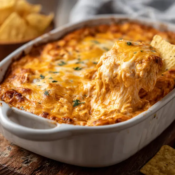 scooping cottage cheese buffalo chicken dip with tortilla chips