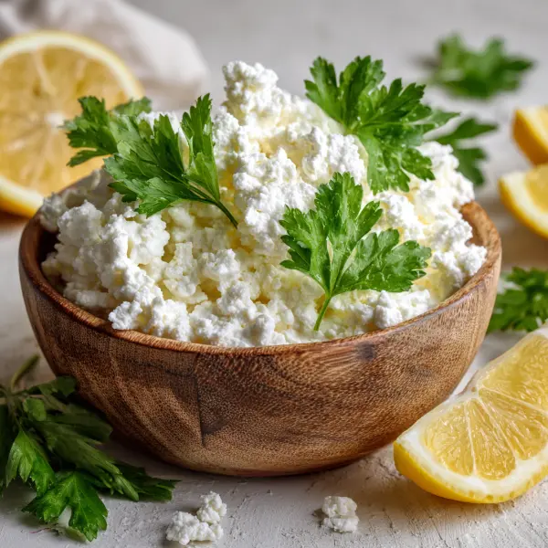fresh cottage cheese in a bowl with herbs and lemon