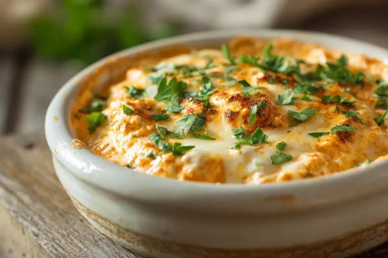 creamy cottage cheese buffalo chicken dip served hot in a white bowl