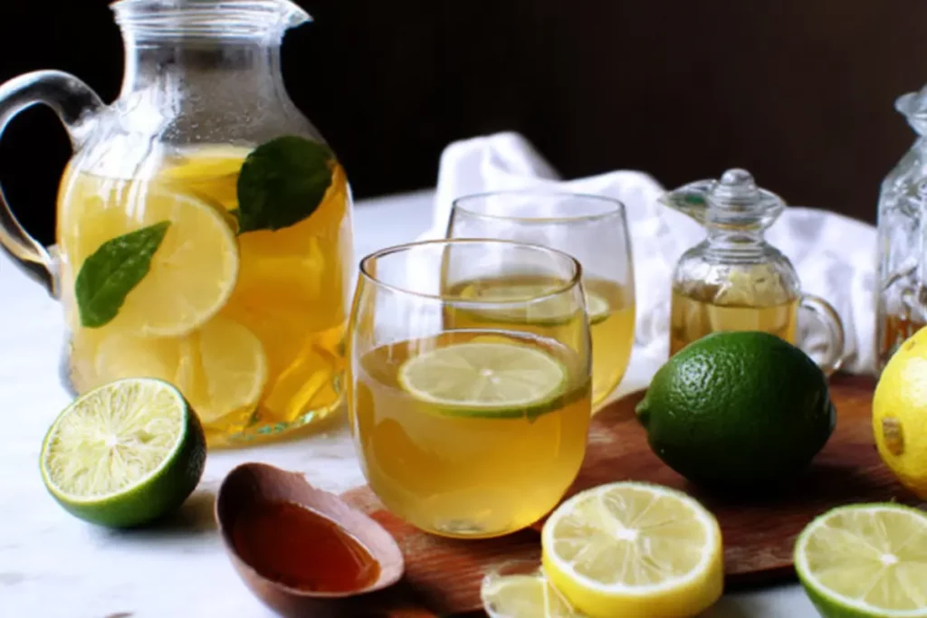 kaffir lime tea served with fresh lime and honey in glasses