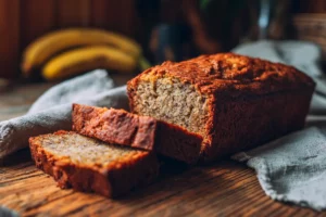 healthy banana bread recipe sliced on rustic table