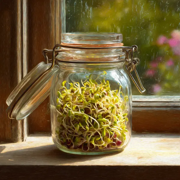 Mung bean sprouts growing in a jar by a sunny kitchen window