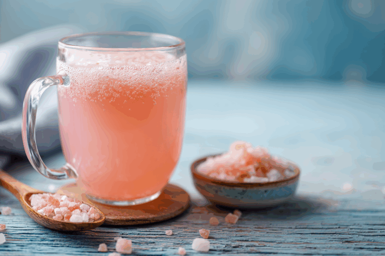 pink salt baking soda detox drink in glass mug on table