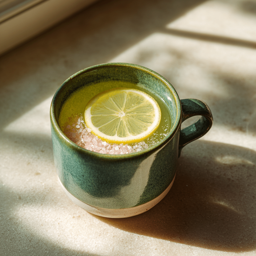 morning detox drink on porch table with pink salt