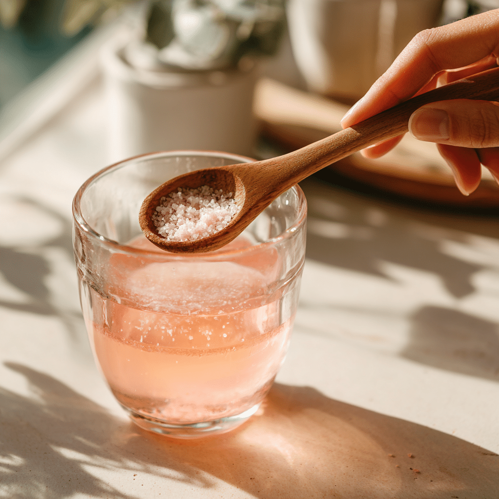 glass of pink salt baking soda detox with fresh clean background