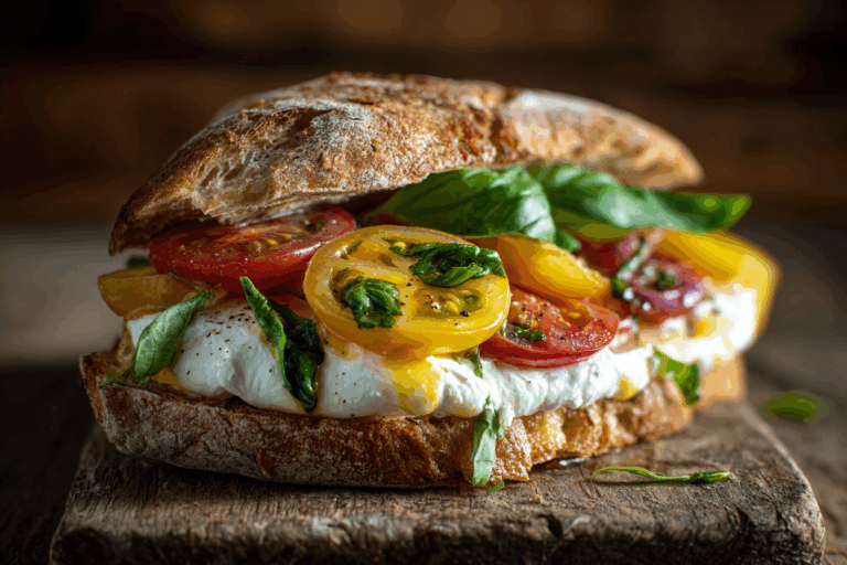 Burrata Caprese Pizza Sandwich served with basil and tomatoes