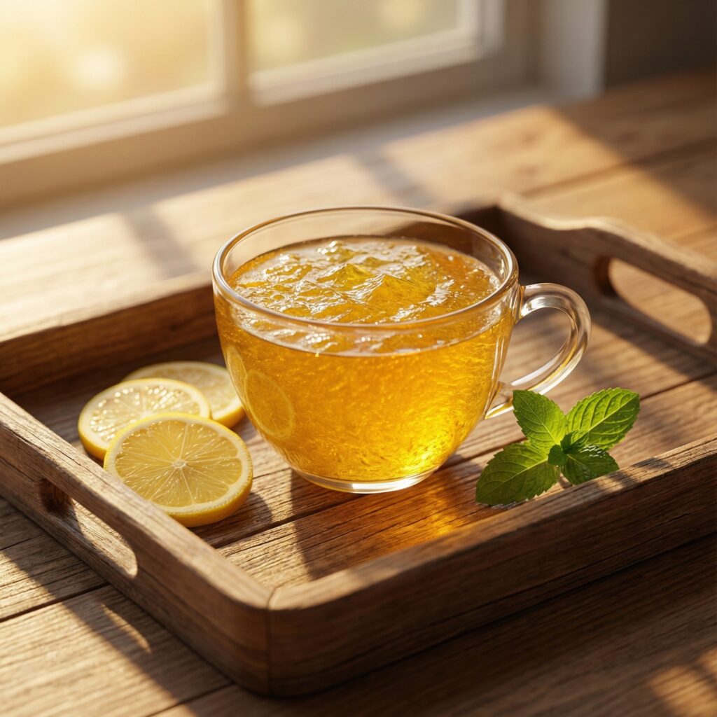 turmeric and lemon gelatin drink served warm on wooden tray