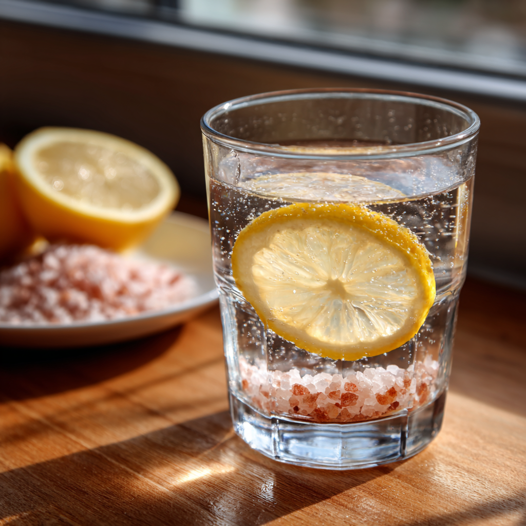 glass of water with Himalayan pink salt for hydration