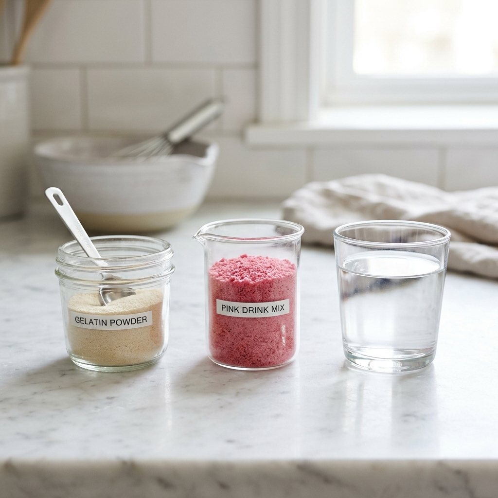3 ingredient pink gelatin recipe showing gelatin water and pink mix